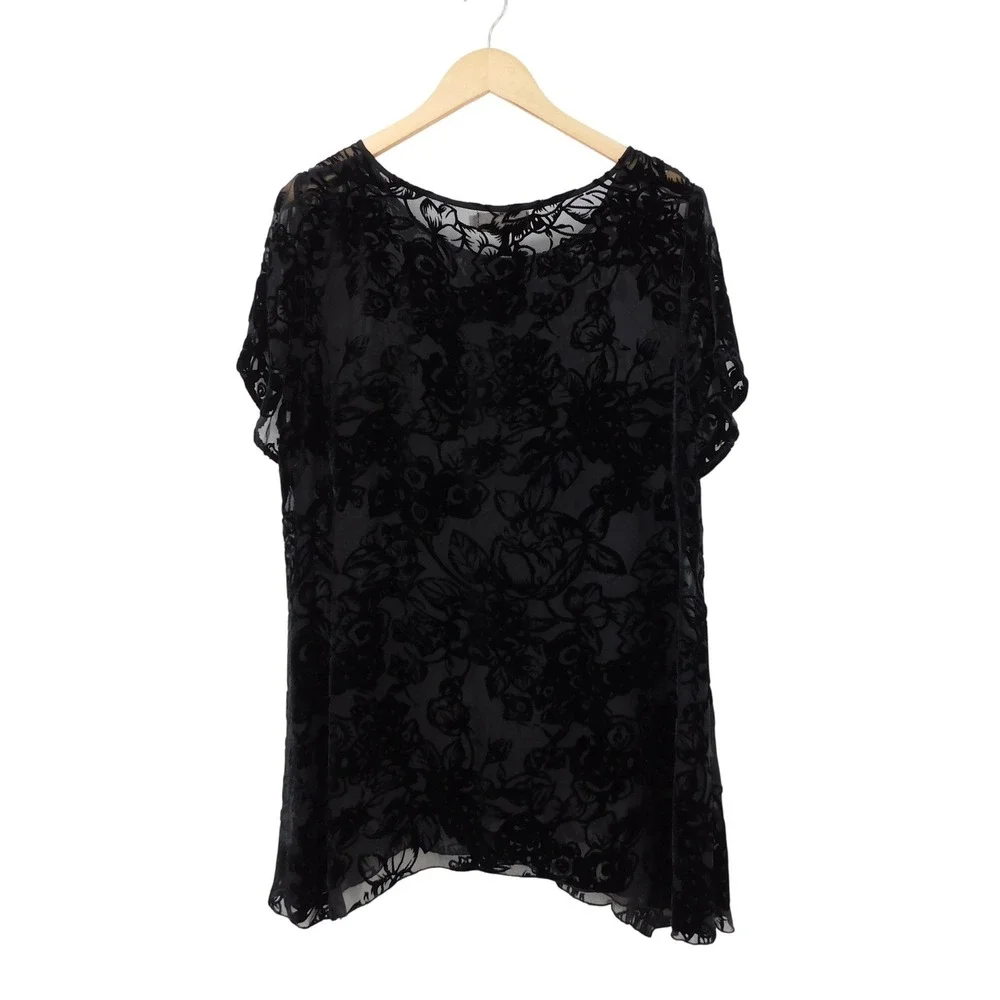 Love And Liberty Black Velvet Burnout Floral Sheer Blouse Top Womens Large L - Picture 2 of 3